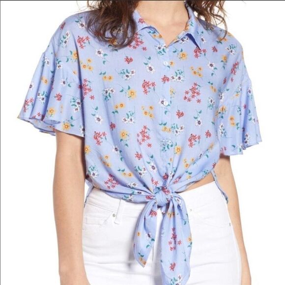 Lush M Floral Crop Front Tie Top  Flowy Sleeves - Picture 1 of 11